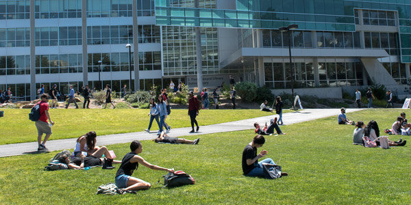 Students on lawn in front of library
